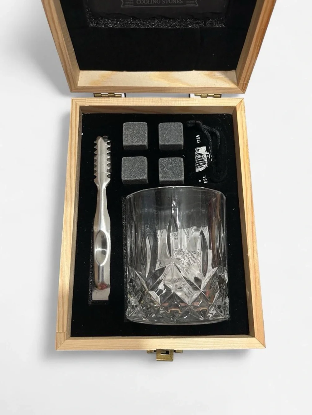 Whisky Gift Set with Glass & Stones - Brown Wood Box